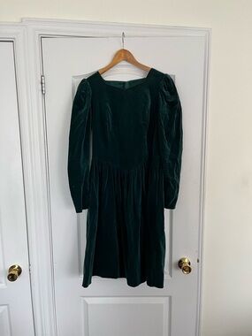 Laura Ashley Cotton Velvet Puff-Sleeve Midi Dress in Forest Green